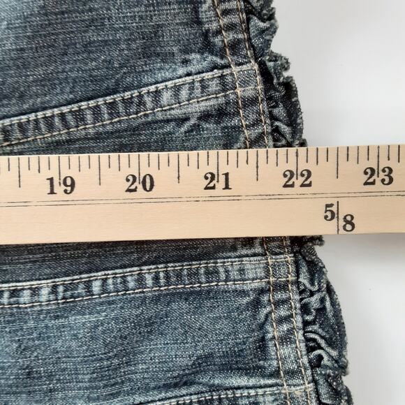 Vintage 90s Gilet Denim Vest Brass Button Military Ruffle Jean Jacket XL Cottage - Picture 9 of 10